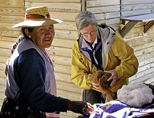 04-02-2008-07, Audrey buying alpaca wool, gas stop between Putre and Lauca N.P